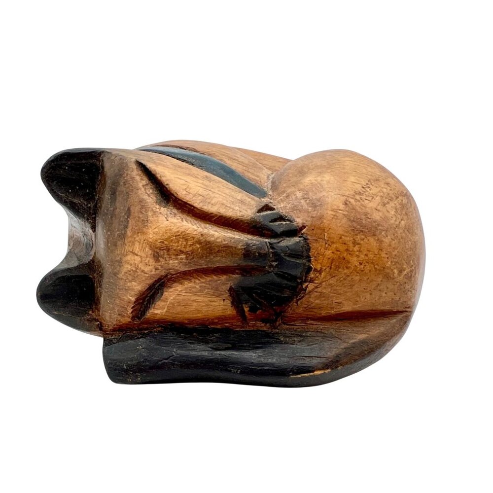 Hand-Carved Wooden Siamese Cat Figurine 3" Sleeping Kitty Kitten Folk Art